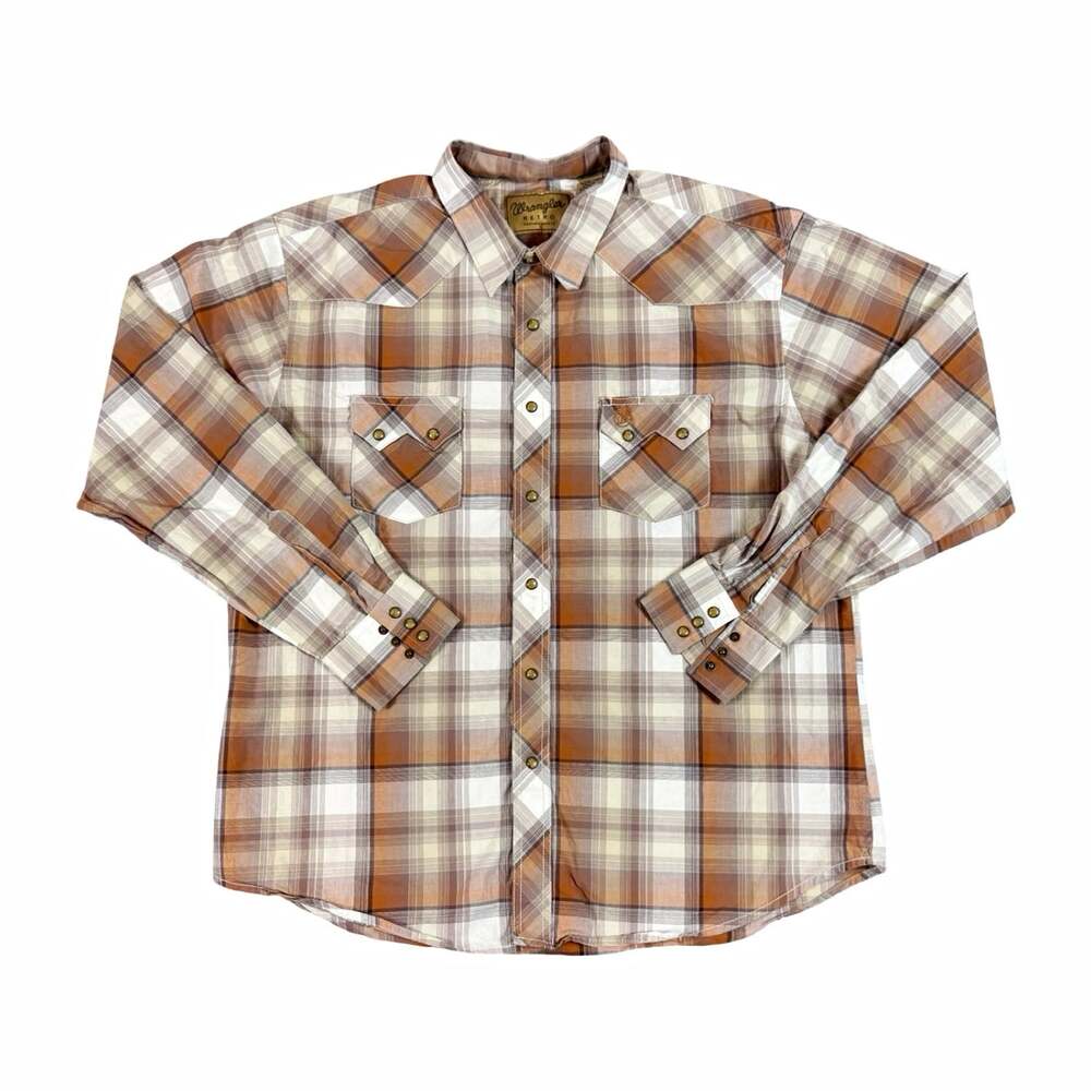 Wrangler Retro Plaid Western Button Up Shirt Long Sleeve Pockets 2XL Brown